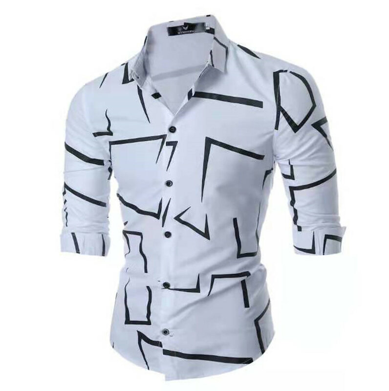 Męska koszula z długimi rękawami jesień moda z nadrukiem w geometryczne wzory Slim, z klapą bluzka wyjściowa męska sukienka koszula Streetwear mężczyźni odzież