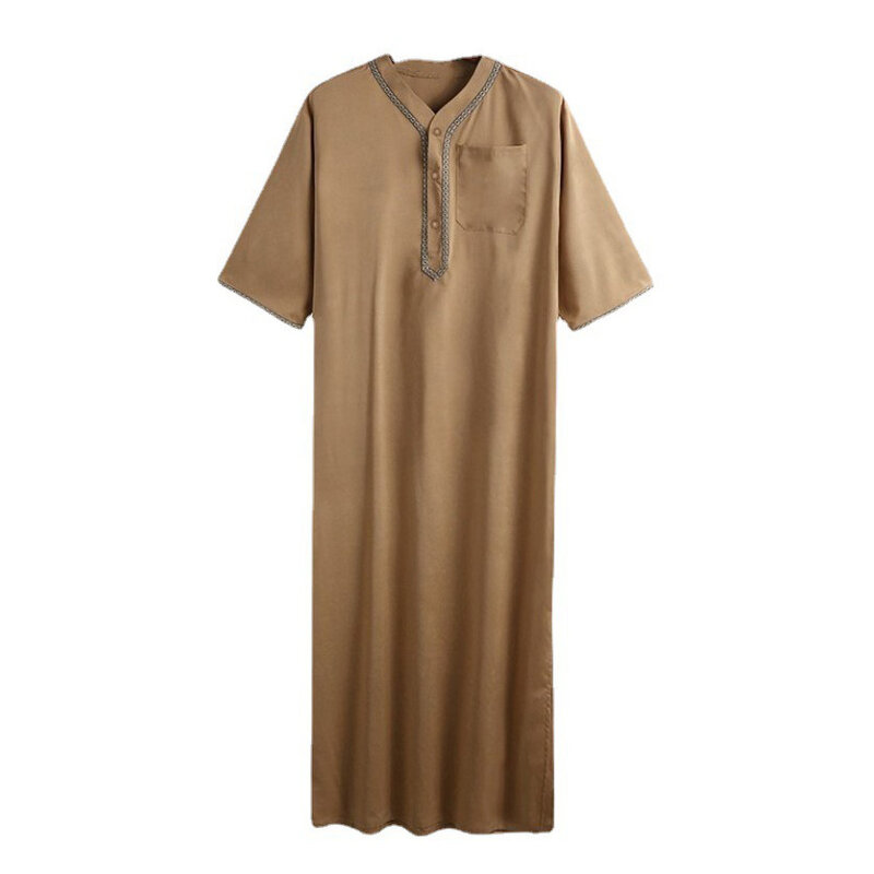 2023 islamski arabski szata mężczyźni pół rękawa jednolity kolor V Neck ubrania muzułmańskie Vintage Casual bliski wschód dubaj mężczyzna Jubba Thobe