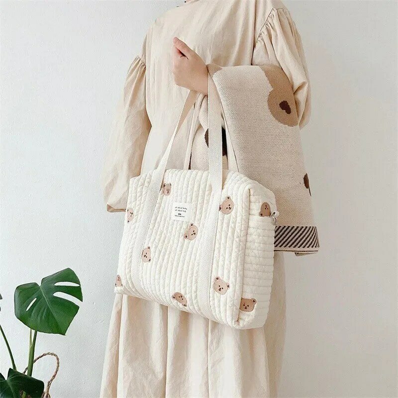 Cute Bear Flower Embroidery Pattern Baby Beige Cotton Fabric Zipper Diaper Handbag New Luggage Bag