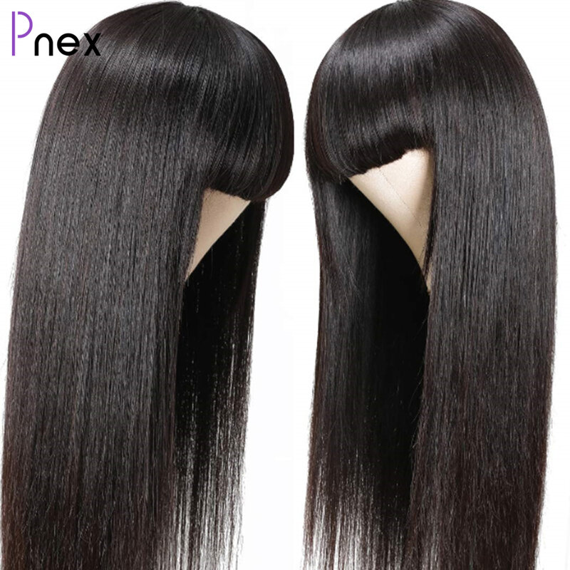 Proste włosy ludzkie peruka z grzywką bezklejowe peruki brazylijskie ludzkie dziewicze włosy peruki 180 gęstość frędzle dla czarnych kobiet bez koronki