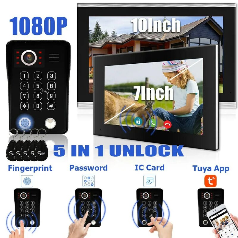 Sistem interkom Video bel pintu Wifi Buka kunci sidik jari 5in1 untuk telepon pintu rumah Tuya Cerdas Monitor sentuh 1080P perlindungan keamanan