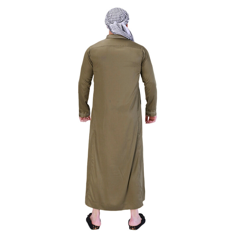 Mens Muslim Robe Summer Casual Stand Neck Solid Color Middle East Arab Long Sleeve Ethnic Style Robe Jubba Thobe Male Abaya Robe