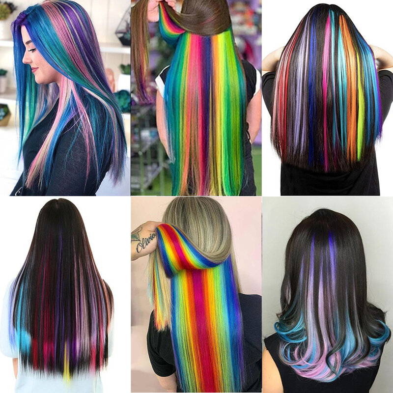 Синтетические удлинители волос HAIRSTAR, 25 цветов, цельные удлинители волос с зажимом, прямые цветные синие розовые для женщин