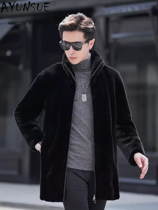 AYUNSUE-Casaco de pele de vison real masculino, jaqueta luxuosa de comprimento médio, casaco de pele natural, gola em pé, casual, inverno, 2023