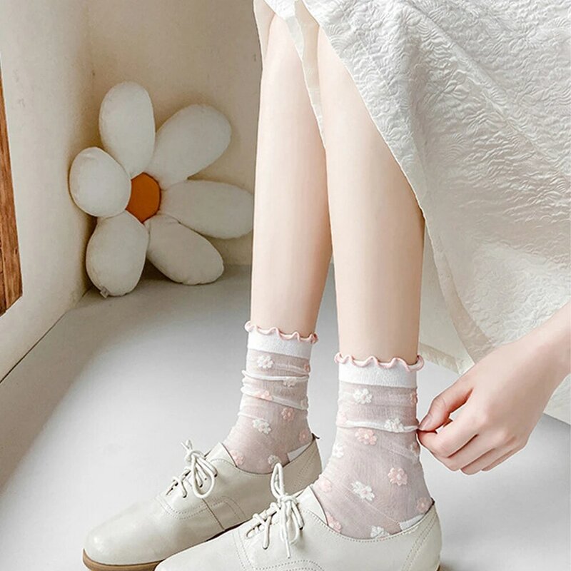 Kaus kaki gaya Harajuku Korea untuk wanita, Kaos Kaki motif kaca Sutra, kaus kaki motif Lolita, kaus kaki motif bunga untuk wanita