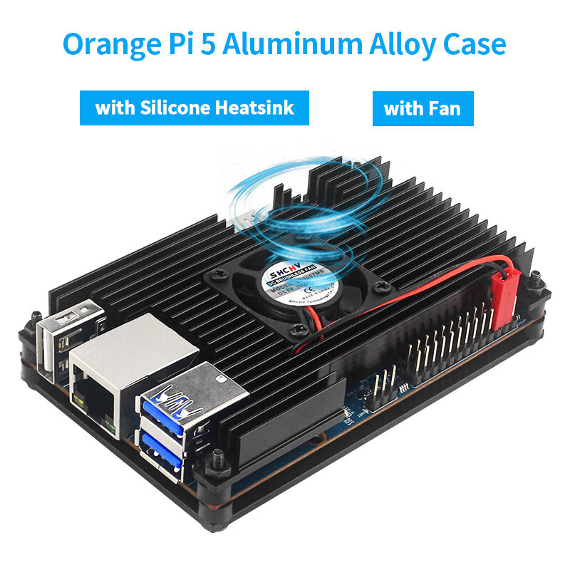 Orange Pi 5 Aluminum Alloy Case Active & Passive Metal Enclosure with Cooling Fan Optional Power Supply USB WiFi & BT Adapter