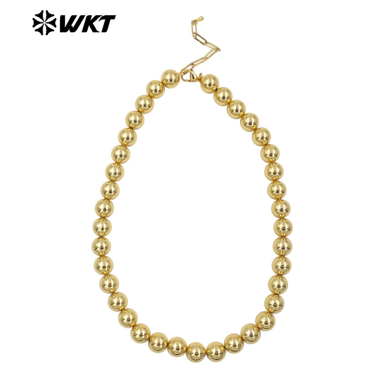 18K Real Banhado A Ouro Rodada Big Brass Beads, Mão Cadeia Colar de Cordas, Colar elegante, 10 e 12mm, disponível, WT-JFN14