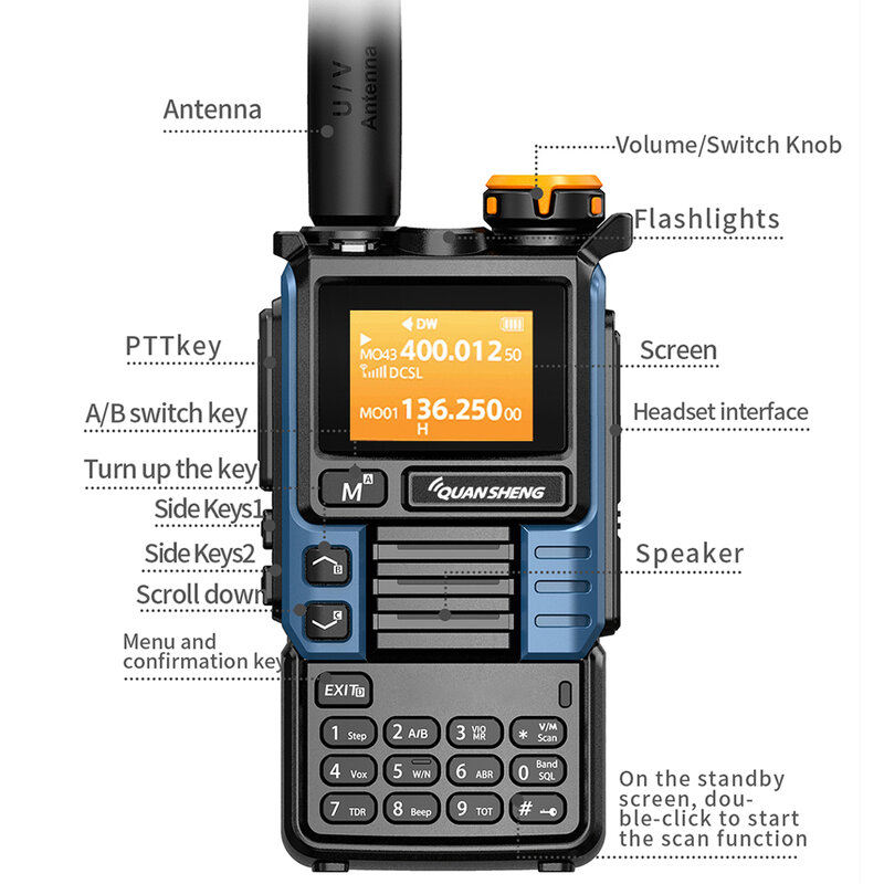 Quansheng UV-K6 워키토키, UHF VHF DTMF FM 스크램블러, NOAA 무선 주파수 양방향 cb무전기, 5W 에어 밴드 라디오 타입 C 충전