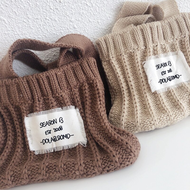 Borsa a tracolla portatile in tinta unita borsa a tracolla per bambini in morbida lana lavorata a maglia leggera