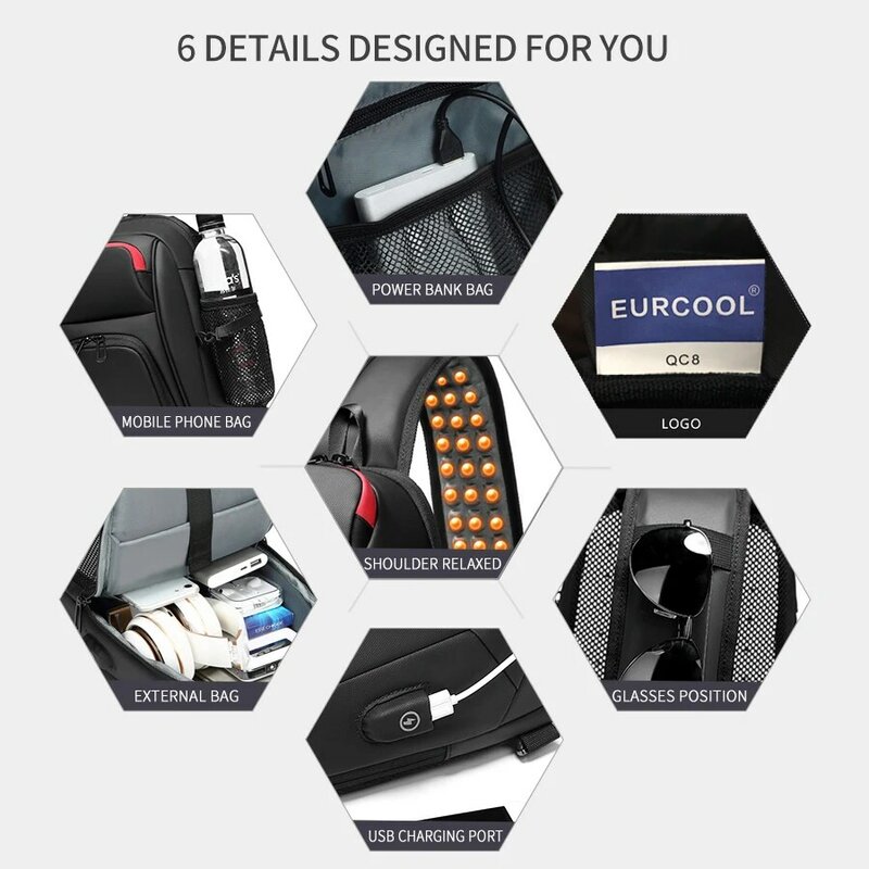 레실버 방수 디지털 슬링백 남성용 허리 가방, USB 충전 슬링팩, 9.7 인치 태블릿에 적합