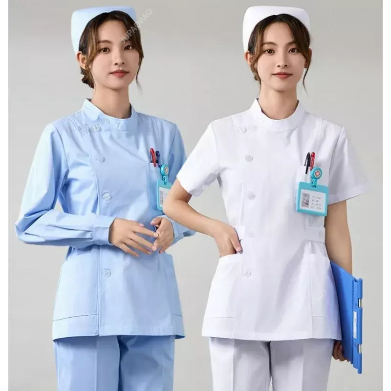 Nieuw Verpleegstersuniform Dames Korte Mouwen Winter Korte Split Pak Met Lange Mouwen Blauw Ziekenhuis Verpleeghuismedewerker Werkuniform