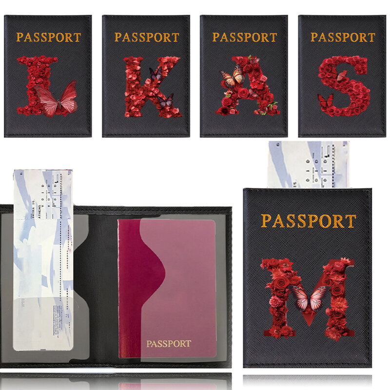 카드홀더 PU 가죽 여권 커버 케이스, 유니섹스 비행용 경량 지갑, 레드 로즈 레터 이름 패턴, 패션