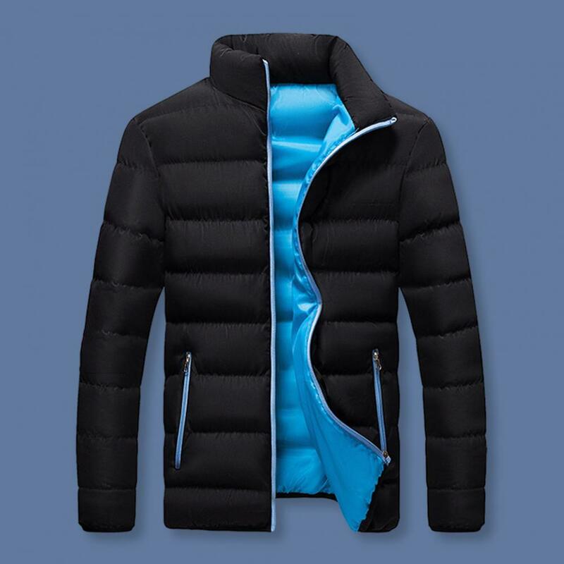 Warm Men Jacket Stylish Men's Cotton Jacket with Stand Collar Zipper Pocket Warm Winter Coat for Casual Outwear Loose Fit Male