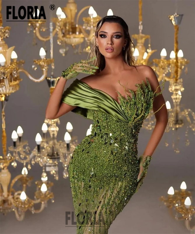 Wunderschöne Dubai Perlen Meerjungfrau Abendkleider Perlen Kristalle 3d Applikationen arabische Party kleider formale Abschluss ball Kleid Robe de Soiree