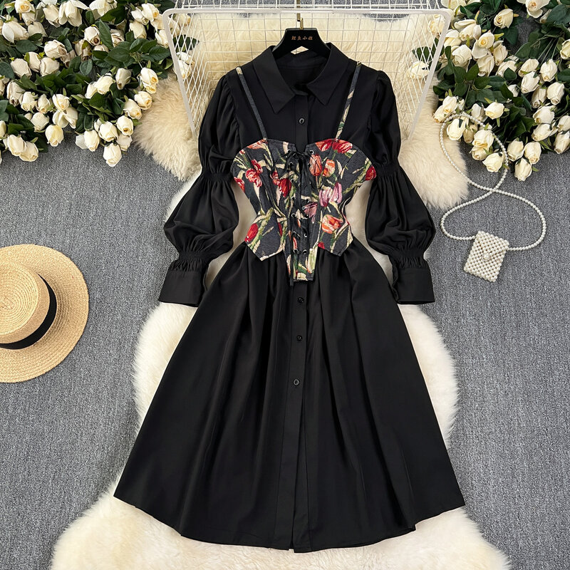 Gaun blus dasar rajut wanita, dua buah set Vintage lengan panjang motif perban, gaun blus elegan musim panas untuk wanita
