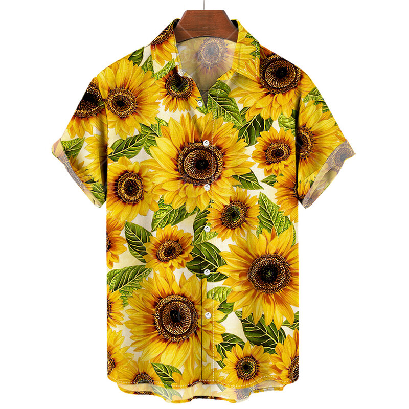 Camisas hawaianas con estampado 3D de girasoles para hombre, ropa de calle de manga corta con solapa y botones, moda de verano