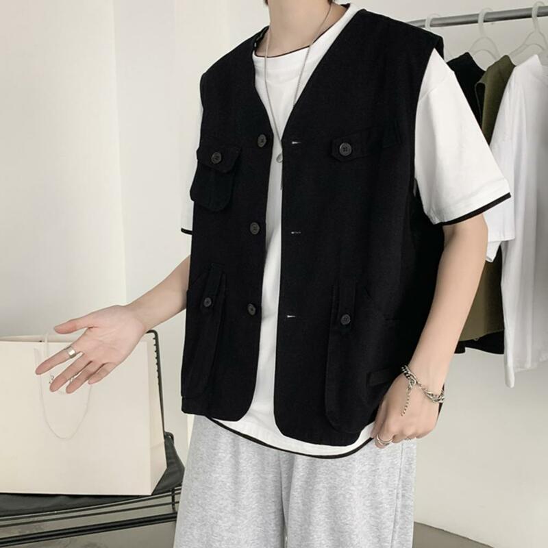 Thin Style Vest Coat Men's Collarless Sleeveless Cargo Waistcoat with Multi Pockets Solid Color Outdoor Vest Coat for Casual