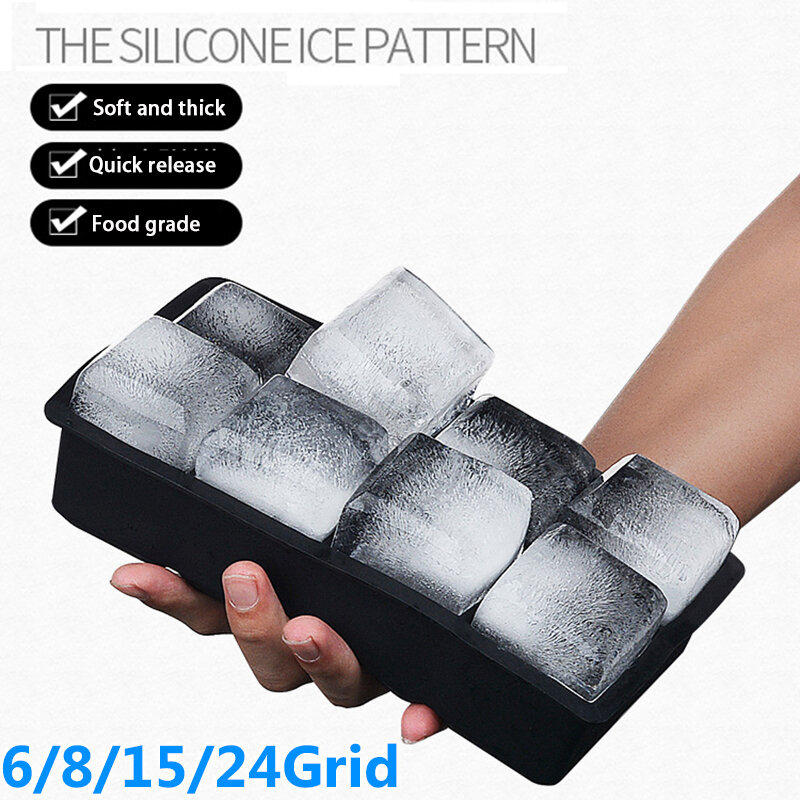 Bandeja de silicona para hacer cubitos de hielo, molde cuadrado gigante de grado alimenticio, 4/6/8/15 cuadrículas