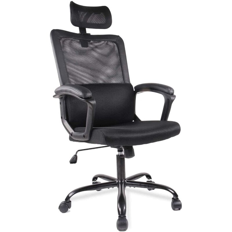 Офисное кресло с поддержкой поясницы, регулируемый подголовник, подлокотники и колеса, сетчатая высокая спинка, поворотный рулон (черный)
