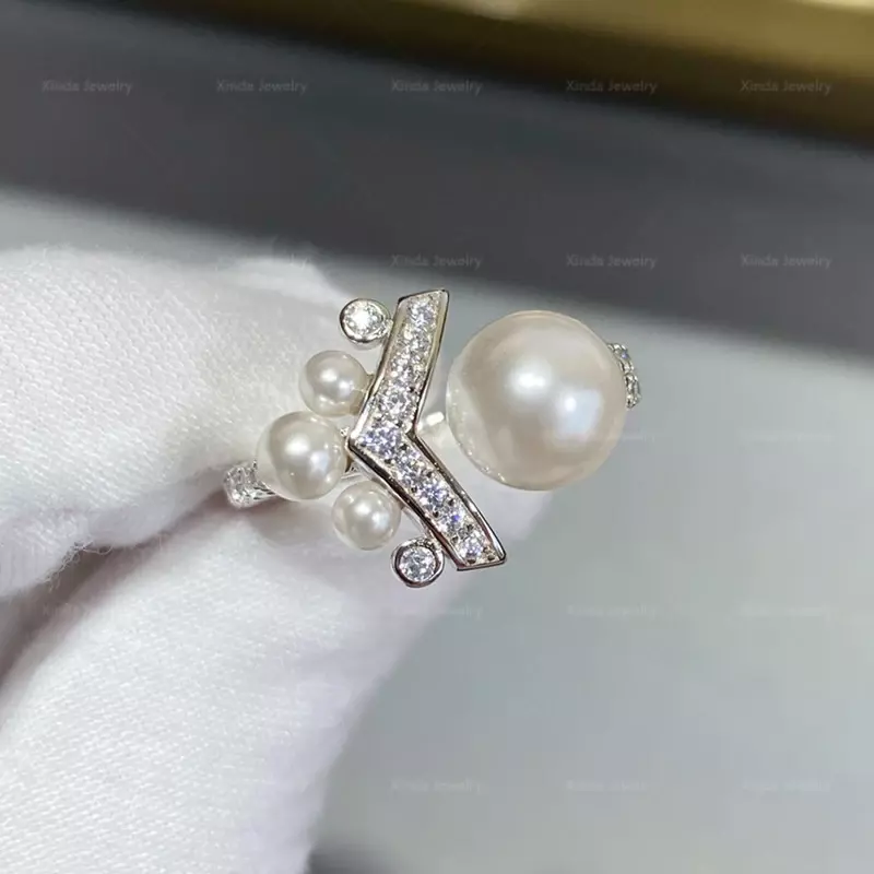 S925 Sterling Silver V-shaped Pearl Ring para mulheres, marca de moda doce, jóias de luxo, presente de festa, novo