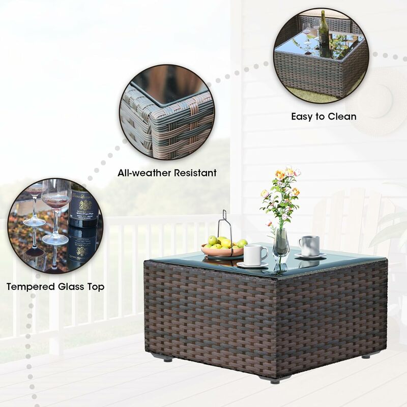 Conjunto de muebles de Patio, Set de mobiliario de ratán PE seccional para exteriores, con cojines y mesa de centro de cristal, para todo tipo de clima