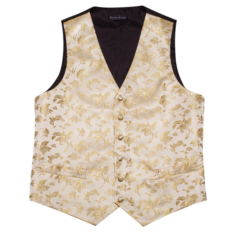 Luxury Silk Mens Vest Gold Beige Flower Embroidered Waistcoat Tie Set Wedding Business Party Suits Sleeveless Jacket Barry Wang