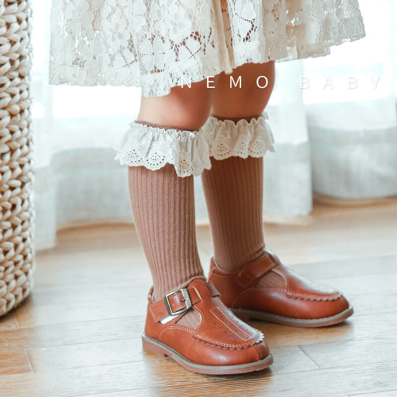 Calcetines largos hasta la rodilla para niñas, medias de encaje de algodón suave, calentadores de piernas con volantes, de princesa, de 0 a 8 años