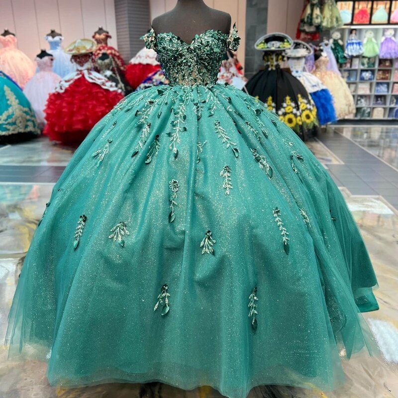Gaun pesta hijau zamrud berkilau putri Quinceanera gaun pesta gaun kontes Off Shoulder kristal bunga gaun pesta manis 15 vestidos de