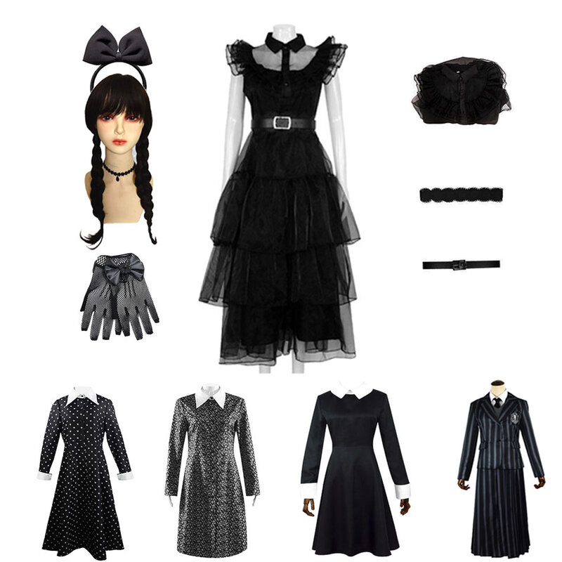 Disfraz de Addams para niña, vestido de fiesta de baile de graduación, traje de Addams para adultos, traje de mujer Carvinal de manga larga