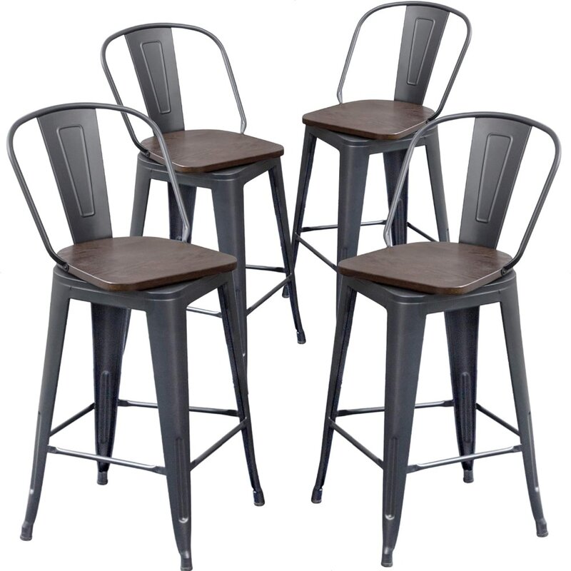 Banquetas de metal com encosto, cadeiras giratórias, assento de madeira, altura do contador, conjunto de 4