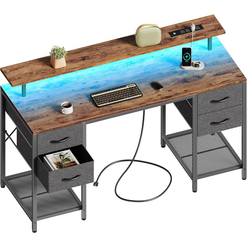 Mesa do computador com luzes LED e Tomadas, Home Office Desk, 4 gavetas, Gaming Desk, 55"