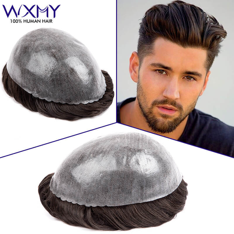 Rambut palsu untuk pria 0.1-0.12mm dasar kulit penuh rambut pria prostesis sistem rambut manusia alami Unit Protese Capilar Masculina Man Wig