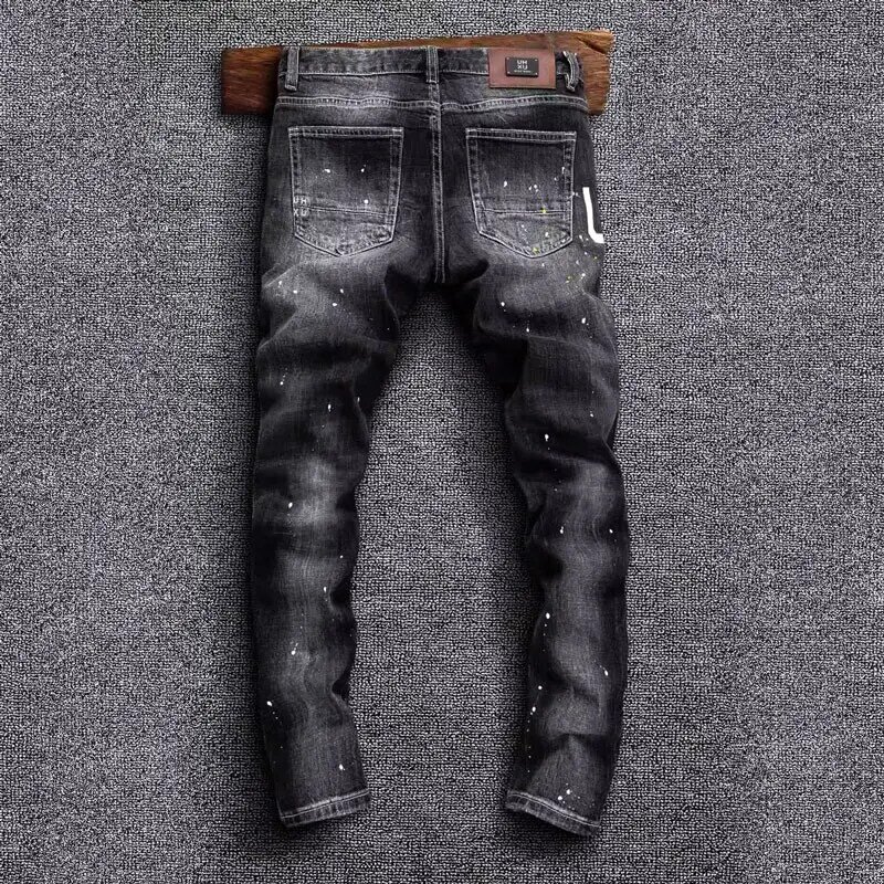 Pantalones vaqueros rasgados pintados para Hombre, Jeans elásticos Retro, color negro y gris, diseño impreso, Hip Hop, moda urbana