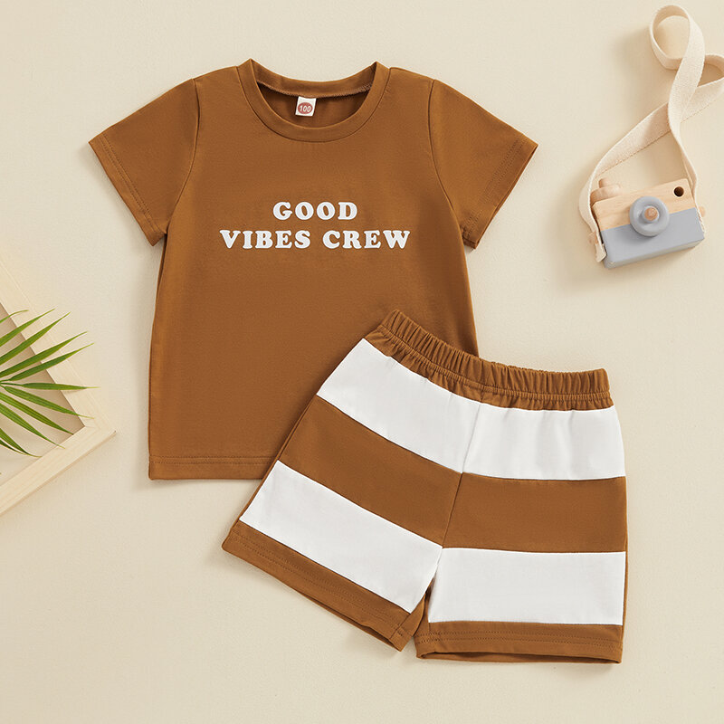 Летние комплекты с шортами для маленьких мальчиков, топы с коротким рукавом и буквенным принтом и шорты в полоску