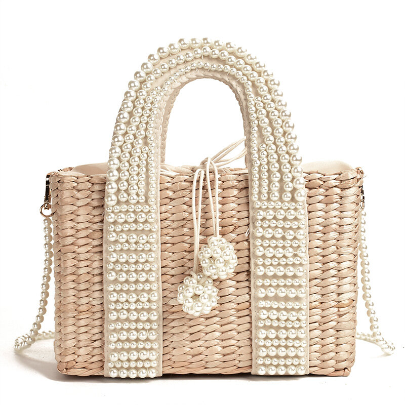 Bolso de paja de playa para mujer, bolsa grande de mimbre con diseño de cestas, tejido con cuentas, de lujo, a la moda, con perlas de mimbre