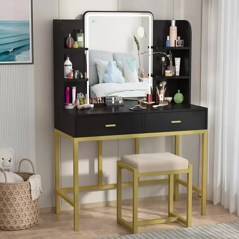 Dresser with Illuminated Mirror, Make-up Dresser with LED Light, Storage Shelf, Upholstered Stool