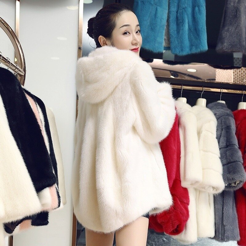 Faux Fur เสื้อผู้หญิงยาวตรงกลาง Fox Fur Mink เสื้อกันหนาวเสื้อกันหนาว2022ใหม่หนาเสื้ออบอุ่นหนาผู้หญิงฤดูหนาว