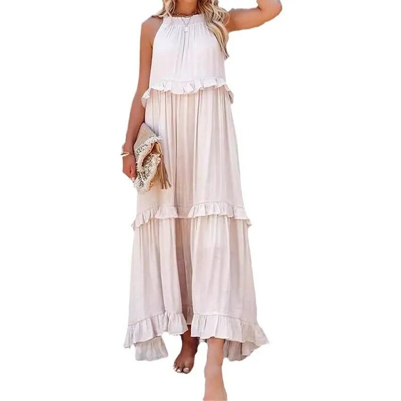 New European and American Summer Vacation Style Lotus Leaf Edge Long Dress with Large Hem and Flowing Beach Skirt for Women
