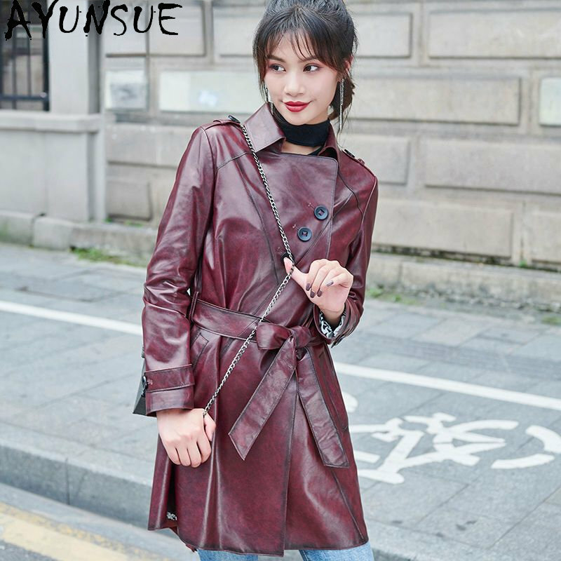 AYUNSUE Genuine Sheepskin Leather Jacket Women Elegant Mid-length Leather Jackets Real Leather Coat Female Windbreaker Laced Up
