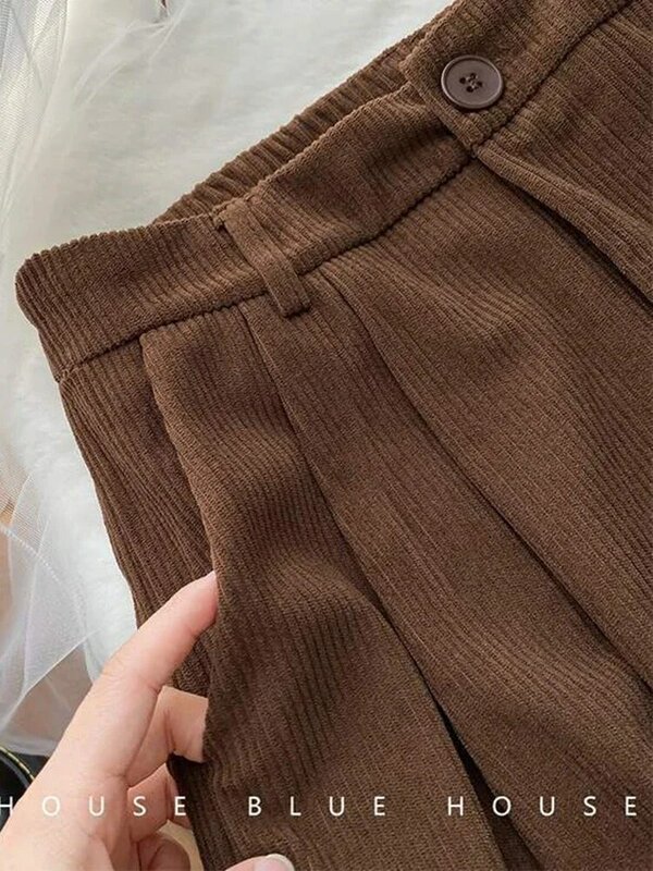 Celana Korduroi Pinggang Tinggi Antik Celana Panjang Panjang Penuh Kasual Lurus Musim Semi Musim Gugur Wanita Mode Korea Celana Hitam Semua Cocok