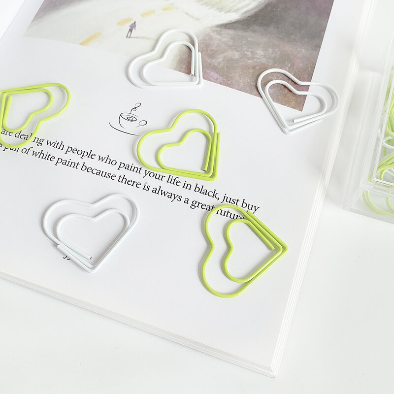 10 unidades/pacote bonito branco amarelo coração clipes de papel kawaii papelaria metal limpar binder clipes fotos bilhetes notas carta