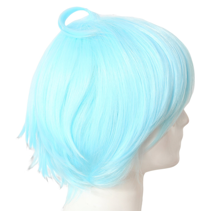 Reverse-Curled Hair Wig Anime Game Short Wig Sky Blue Wig for Cosplay Party