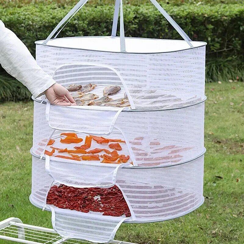 Pakaian jaring portabel, 3 tingkat pengering gantung rak herbal lipat untuk Bud buah hidroponik bunga sayuran ikan pakaian boneka