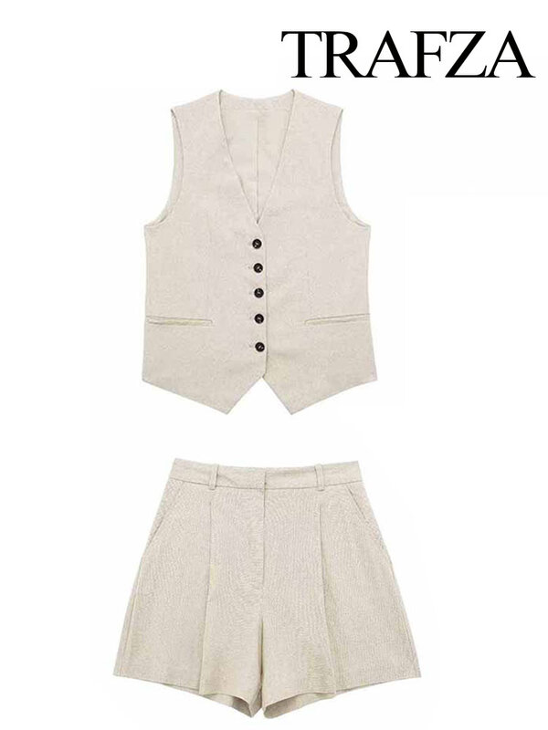 TRAFZA 2023 Women Elegant Solid Button Sleeveless Linen Shorts Set Vintage Casual V Neck Chic Vest Set Women's Office Lady Suit