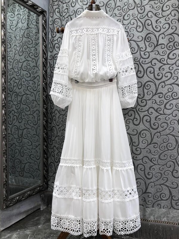 lingzhiwu White Long Skirt Set Spring Female Hollow Out Top+Skirt Suit Lace Water Soluble Flower Lantern Sleeve Top New Arrive