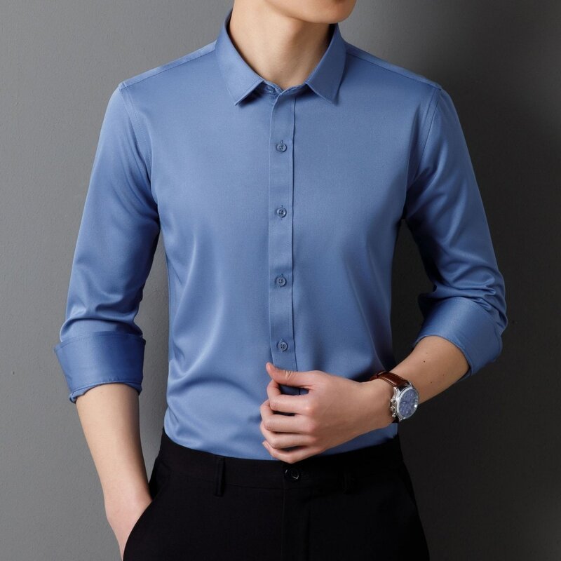 Baju Pria Lengan Panjang, baju pria kelas atas ukuran besar Non-iron pakaian kerja kasual bisnis warna Solid untuk pria