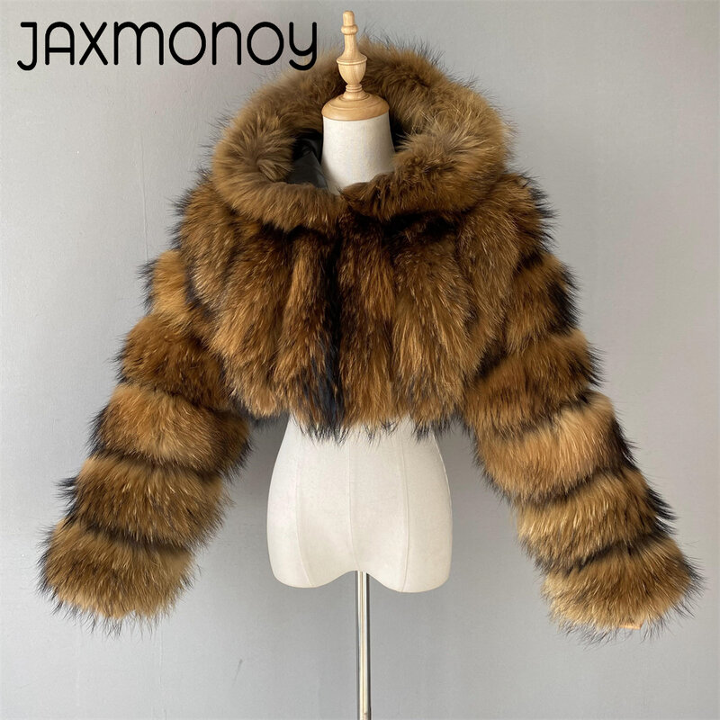 Jaxmonoy Real Raccoon Fur Coat For Women Winter Fashion Hooded Fur Jacket Luxury Full Sleeves Warm Outerwear Female New Style
