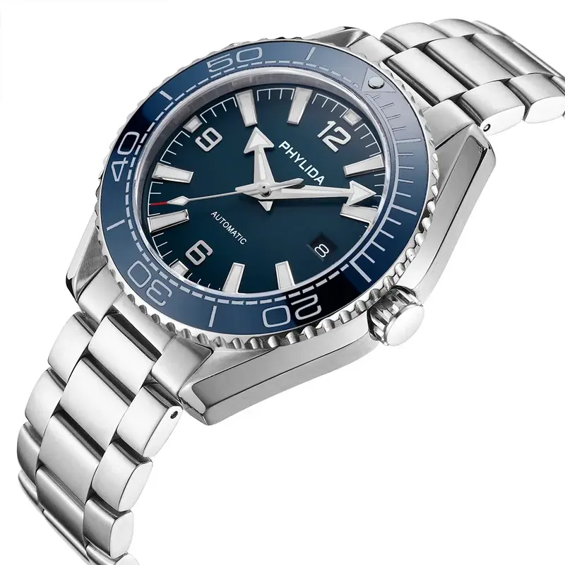 Phylida 500m masculino 43.5mm relógio de mergulhador automático mostrador azul cristal safira com nh35a movimento