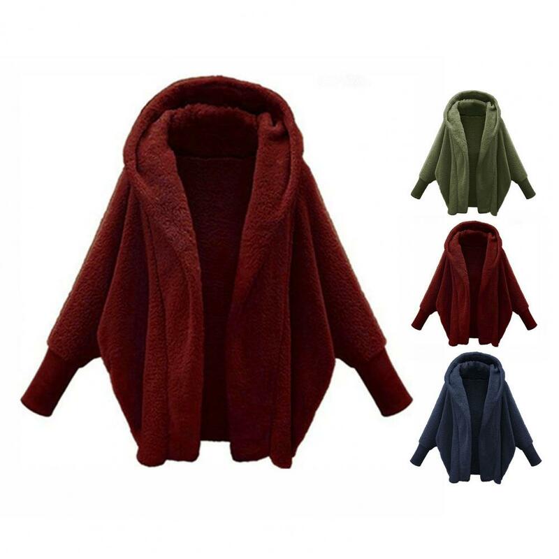 女性のフード付きぬいぐるみコート,長袖のアウターウェア,単色のフリースジャケット,厚手のオープンフロントカーディガン,秋冬