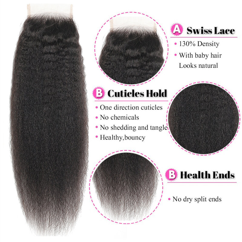 12A Kinky Straight Bundles With Closure Malaysian Kinky Straight Virgin Human Hair Bundles With 4X4 Lace Closure With Baby Hair